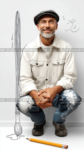 Smiling painter crouching near oversized pencil, giant brush drawing, symbolizing artistic creativity on white minimalist background. Стоковое AI-изображение, AI-художник Юрий Поздников / Фотобанк Лори
