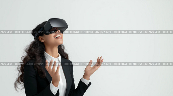 Smiling woman enjoys virtual reality experience in a modern setting. Женщина в официальном наряде улыбается во время работы с технологией виртуальной реальности. Она выглядит взволнованной и погруженной в свои переживания, наслаждаясь инновационной деятельностью в минималистичном помещении. Стоковое AI-изображение, AI-художник Katsiaryna Repich / Фотобанк Лори
