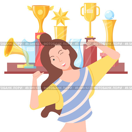 Smiling woman standing near golden regards, girl pose. Happy winner female, lady in casual clothes winking, lucky person, win symbols, positive vector. Winking Female and Golden Regards, Win Vector. Стоковая иллюстрация, агентство Ingram Publishing / Фотобанк Лори