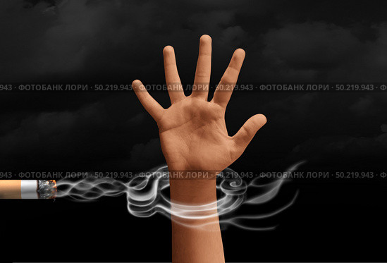 Smoking addiction concept and a smoker trapped by cigarette smoke as a handcuff with 3D illustration elements. Стоковое фото, агентство Ingram Publishing / Фотобанк Лори