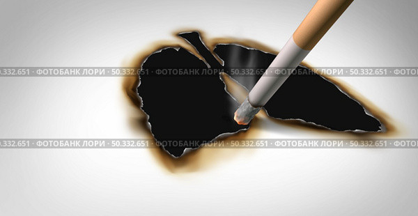 Smoking and disease as health effects concept with a cigarette burning a hole into a picture of human lungs as a medical metaphor for lung cancer and tumor growth from smoke and smoker secondhand fumes as a 3D render. Стоковое фото, агентство Ingram Publishing / Фотобанк Лори