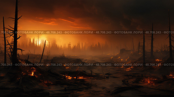 smoldering fire landscape ai generated. Стоковое AI-изображение, AI-художник Vectorwin / Фотобанк Лори