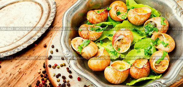 Snail or escargots with garlic butter and lime.Baked snails. Bourgogne escargot snails. Стоковое фото, агентство Ingram Publishing / Фотобанк Лори