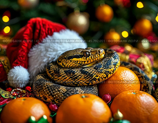 Snake, symbol of 2025 according to the Eastern calendar, in Santa Claus's New Year's hat. Snake symbolizes wisdom, vitality, immortality and healing power. New Year's card. Стоковое AI-изображение, AI-художник Сергей Елизарьев / Фотобанк Лори