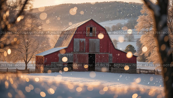 Snow-covered barn surrounded by frosted trees at dawn in a tranquil rural landscape. Стоковое AI-изображение, AI-художник Сергей Толмачёв / Фотобанк Лори