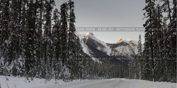 Snow covered roadway with mountain in winter, Emerald Lake, Yoho National Park, British Columbia, Canada. Стоковое фото, агентство Ingram Publishing / Фотобанк Лори