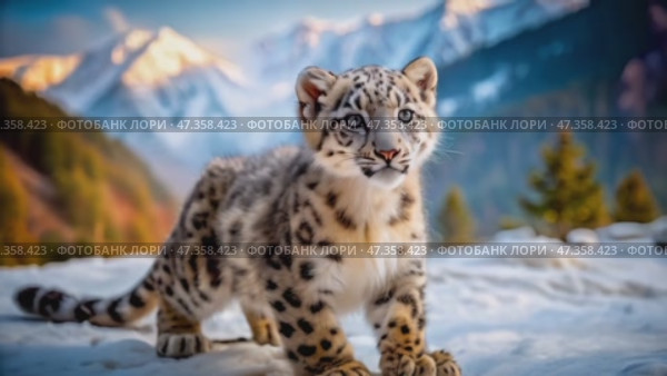 Snow Leopard Cub Explores Snowy Landscape in the Mountains During Daylight. Стоковое AI-видео, аниматор Оксана Медведева / Фотобанк Лори