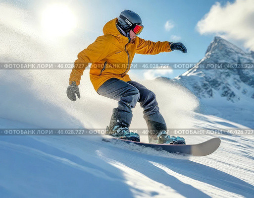 Snowboarding is a winter sport that involves sliding down snowy mountain slopes or performing acrobatic tricks on a specially designed board. Стоковое AI-изображение, AI-художник Сергей Елизарьев / Фотобанк Лори