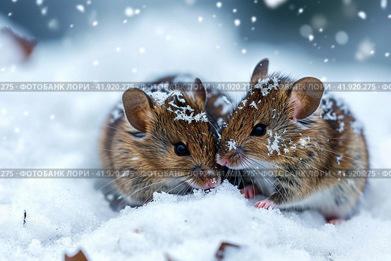 Snowstorm, two mice snuggling together and almost covered in snow, ,Generative AI. Стоковое AI-изображение, AI-художник Анна Кривицкая / Фотобанк Лори