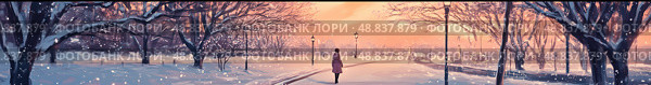 Snowy winter evening walk through a peaceful park with lampposts and colorful sky. Стоковое AI-изображение, AI-художник Татьяна  Бральнина / Фотобанк Лори