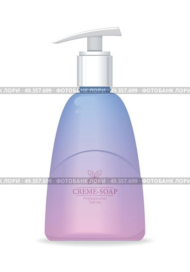Soap Bottle with Spreader. Cosmetic Product. Purple soap bottle with spreader isolated. Cosmetic product flasks with logo or symbol on the nameplate. Reservoir with label. Part of series of decorative cosmetics items. Vector illustration. Стоковая иллюстрация, агентство Ingram Publishing / Фотобанк Лори
