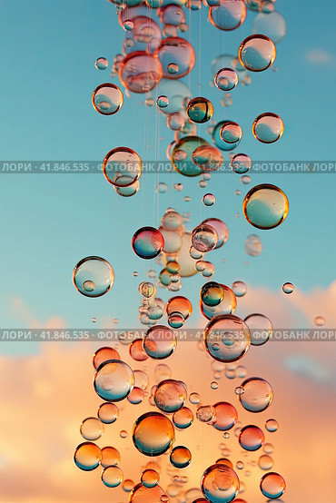Soap bubbles on a background of bright unfocused colors. Generated by AI. Стоковое AI-изображение, AI-художник Ярославский Максим / Фотобанк Лори