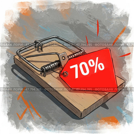 Соблазнительная скидка 70% в виде приманки в мышеловке символизирует опасность импульсивных трат и выхода за рамки ежемесячного бюджета. Стоковое AI-изображение, AI-художник Ирина Першина / Фотобанк Лори