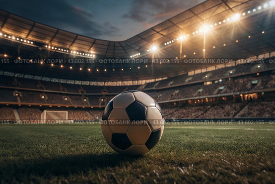 Soccer ball on the green field in soccer stadium. ready for game in the midfield. Стоковое AI-изображение, AI-художник Photojuli / Фотобанк Лори