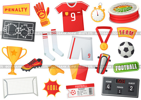 Soccer symbols set, sport football vector banner. Uniform and awards isolated on white, scoreboard and stadium, stopwatch whistle, gate ticket, ball penalty field, clothes and shoes, team championship. Soccer symbols set, sport football vector banner. Uniform and awards isolated, team championship. Стоковая иллюстрация, агентство Ingram Publishing / Фотобанк Лори