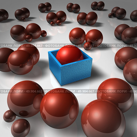 Social isolation abstract concept and lonely individual as a sphere blocked in a cube and separated from society as a psychological feeling of rejection and exclusion as a 3D illustration. Стоковое фото, агентство Ingram Publishing / Фотобанк Лори