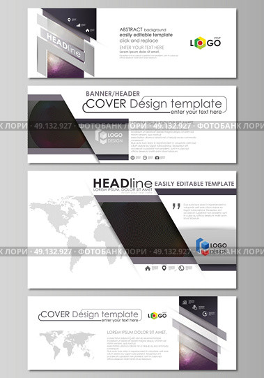 Social media and email headers set, modern banners. Business templates. Easy editable abstract design template, vector layouts in popular sizes. Dark color triangles and colorful circles. Abstract polygonal style modern background. Стоковая иллюстрация, агентство Ingram Publishing / Фотобанк Лори