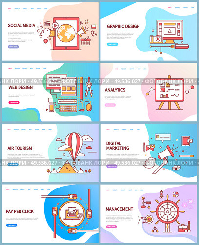 Social media, graphic design, analytics and marketing, management and air tourism. Web pages decorated by gadgets or tools. Website with icons of work vector. Template landing page in flat style. Social Media Graphic and Management Website Vector. Стоковая иллюстрация, агентство Ingram Publishing / Фотобанк Лори
