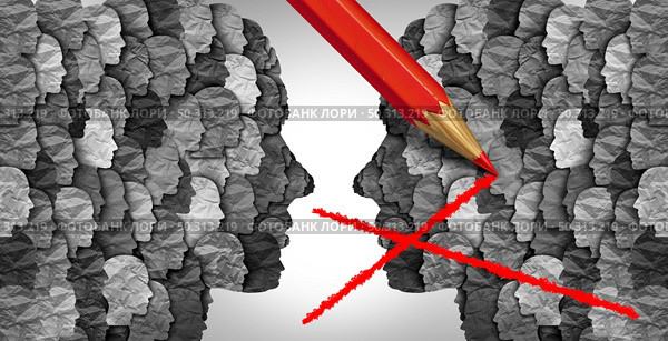 Social media group censorship as the suppression of different crowd opinion as a cultural war and restrictions on certain members of society as the groups on the left and right as a political manipulation of communication with 3D render elements. Стоковое фото, агентство Ingram Publishing / Фотобанк Лори