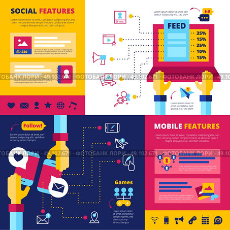 Social Network Features Flat Banners Composition . Social network features flat banners composition with infographic elements design with games chats and contacts abstract vector illustration. Стоковая иллюстрация, агентство Ingram Publishing / Фотобанк Лори
