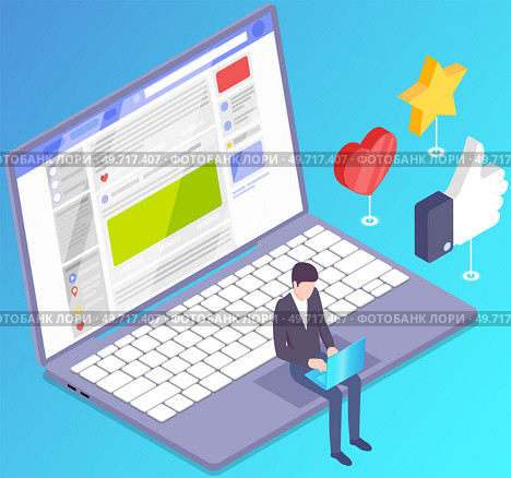 Social network web site surfing concept. Man browsing networks, chatting. Designer, developer using profile web interface, online community data. Working with social media technology, user profile. Social network web site surfing concept. Man sitting with laptop browsing on Internet, chatting. Стоковая иллюстрация, агентство Ingram Publishing / Фотобанк Лори