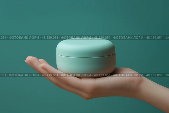 Soft green container mockup held in a hand against a teal backdrop.. Мягкий зеленый контейнер в руке на  зеленом фоне. Стоковое AI-изображение, AI-художник Katsiaryna Repich / Фотобанк Лори