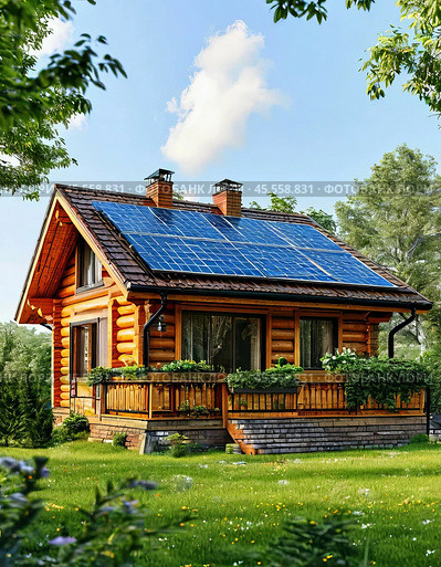 Solar battery on the roof of a private house in the countryside. Use of solar energy. Стоковое AI-изображение, AI-художник Сергей Елизарьев / Фотобанк Лори