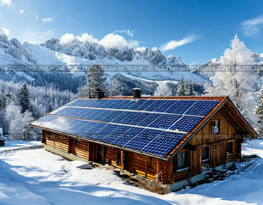 Solar monocrystalline battery on the roof of a private house in the countryside. Use of solar energy. Стоковое AI-изображение, AI-художник Сергей Елизарьев / Фотобанк Лори