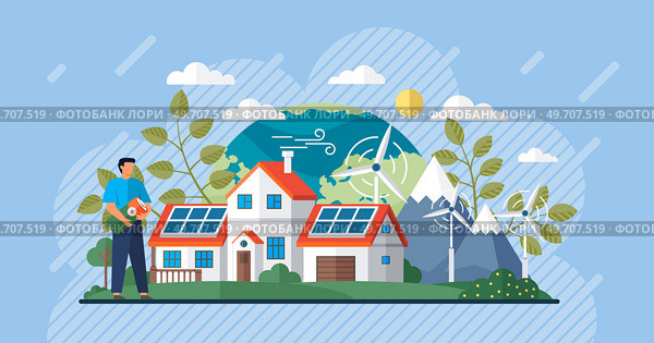 Solar panel with sun power photovoltaic PV home system and renewable electric energy technology house, cell battery vehicle, aircraft and spacecraft. Green energy. Wind energy. Eco friendly. Sun power. Solar panel with sun power photovoltaic PV home system and renewable electric energy. Стоковая иллюстрация, агентство Ingram Publishing / Фотобанк Лори