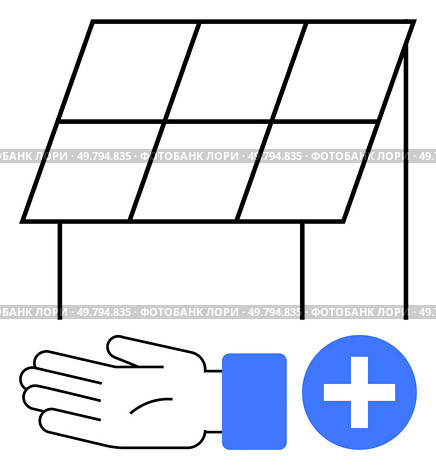 Solar panel with supportive hand and plus sign, emphasizing eco-friendly energy solutions and assistance. Ideal for sustainable energy, environment protection, customer service, maintenance, support. Solar Panel Installation and Maintenance Support Illustrated with Hand and Plus Icon. Стоковая иллюстрация, агентство Ingram Publishing / Фотобанк Лори