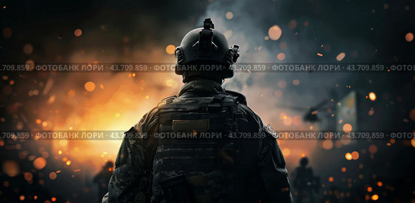 Soldier Standing Amidst Explosions. Стоковое AI-изображение, AI-художник Юлия Гапеенко / Фотобанк Лори
