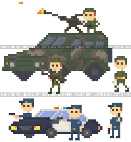 Soldiers and police in uniform near pixelated combat camouflage transport for pixel-game design. Men armed with machine gun on roof of car prepare for attack. People with military technics object. Soldiers and police in uniform near pixelated combat camouflage transport for pixel-game design. Стоковая иллюстрация, агентство Ingram Publishing / Фотобанк Лори