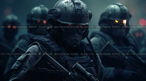 soldiers and snipers on the ground. Стоковое AI-изображение, AI-художник Юлия Гапеенко / Фотобанк Лори