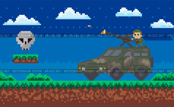 Soldiers in uniform near combat camouflage transport for pixel game design. Men armed with machine gun on roof of car shoot evil skull. Military people fighting monster. Pixel 8 bit retro game. Military people fighting monster. Men armed with machine gun on roof of car shoot evil skull. Стоковая иллюстрация, агентство Ingram Publishing / Фотобанк Лори