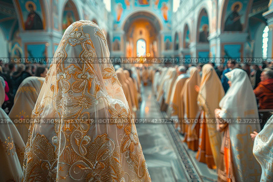 Solemn procession: the faithful walk along the renovated chapels and icons in the church. Стоковое AI-изображение, AI-художник Юрий Поздников / Фотобанк Лори