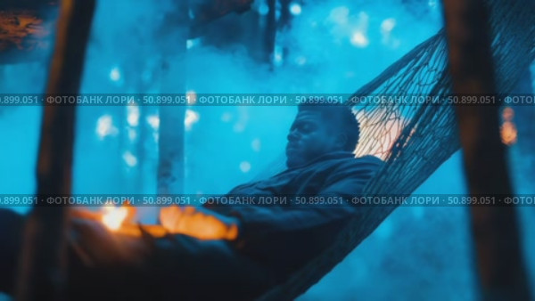 Solitary figure rests peacefully in a suspended net, bathed in an ethereal blue glow with a warm orange light emanating nearby. Стоковое AI-видео, аниматор Данила Большаков / Фотобанк Лори