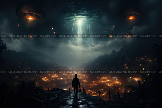 Solitary figure stands before a village under an eerie glow of descending UFOs, backlit by a large mothership beam. Стоковое AI-изображение, AI-художник Данила Большаков / Фотобанк Лори