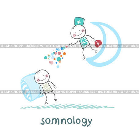 somnology standing on the moon and throws multicolored medication to a patient who is sleeping. Стоковая иллюстрация, агентство Ingram Publishing / Фотобанк Лори