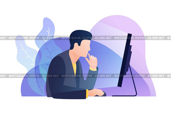 Сoncept of work in office. Businessman carefully looks at screen monitor and analyzes data. Стоковая иллюстрация, иллюстратор KOSIM / Фотобанк Лори