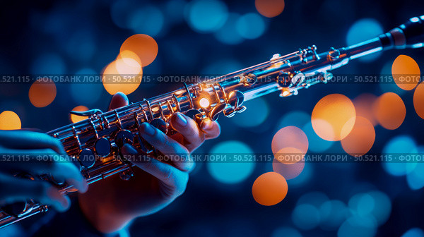 Soprano Saxophone Player in Blue and Orange Ambient Lighting: A Close-Up Shot. Стоковое AI-изображение, AI-художник Данила Большаков / Фотобанк Лори