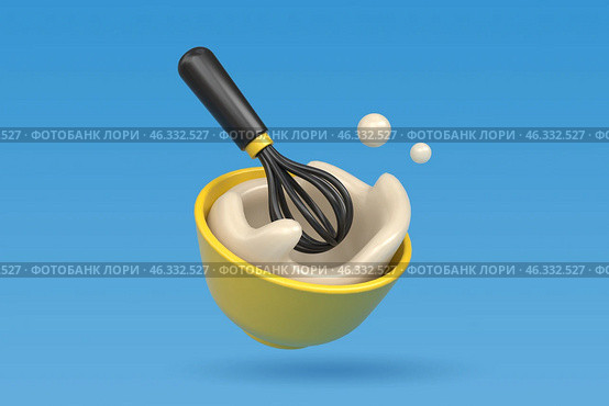 Соус взбивается ручным венчиком в желтой чашке. 3d-картинка. Мультяшный стиль. Визуализация. Концепция приготовления и иллюстрация для кулинарной книги с рецептами. Кухонные принадлежности. Стоковая иллюстрация, иллюстратор Юлия Мелешина / Фотобанк Лори