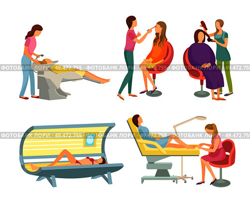 Spa salon hair wash and hairstyling set isolated icons set vector. Body wrap and tanning, gaining of tan in solarium sunroom. Pedicure toe nails care. Spa Salon Hair Wash and Hairstyling Set Vector. Стоковая иллюстрация, агентство Ingram Publishing / Фотобанк Лори