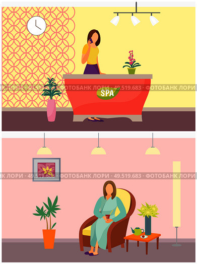 Spa salon reception woman appointing meetings on phone and resort relaxation set vector. Lady drinking refreshing tea from teapot wearing light gown. Spa Salon Reception and Resort Relaxation Vector. Стоковая иллюстрация, агентство Ingram Publishing / Фотобанк Лори