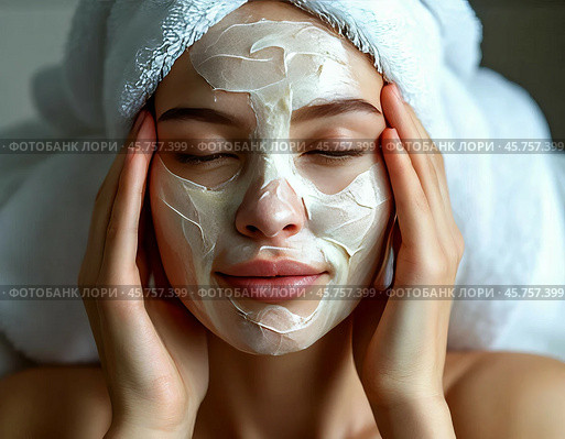 Spa treatments for the face, peeling face mask, skin care. Young woman with cream mask on her face. Close-up. Стоковое AI-изображение, AI-художник Сергей Елизарьев / Фотобанк Лори