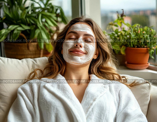 Spa treatments for the face, peeling face mask, skin care. Young woman with cream mask on her face. Close-up. Стоковое AI-изображение, AI-художник Сергей Елизарьев / Фотобанк Лори