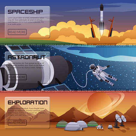 Space discovery horizontal banners with  spaceship start astronaut spacewalk and space exploration decorative compositions  flat vector illustration. Space Discovery Horizontal Banners. Стоковая иллюстрация, агентство Ingram Publishing / Фотобанк Лори