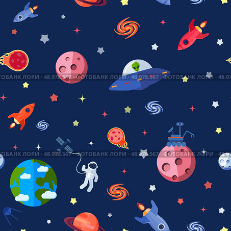Space travel seamless pattern with meteorites rocket astronaut shuttle vector illustration. Стоковая иллюстрация, агентство Ingram Publishing / Фотобанк Лори