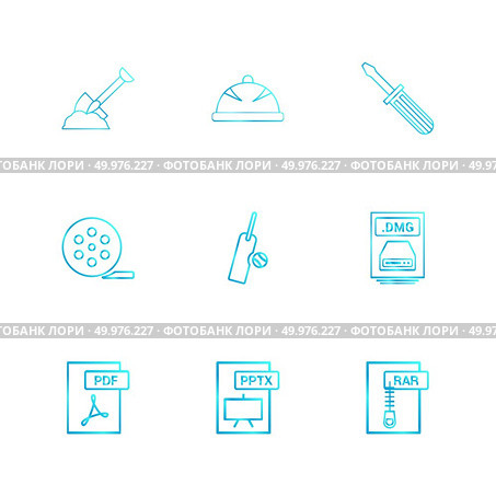 Spade , halmet , screw driver , movie roller,  cricket , bat , ball , dmg apple file , rar , compressed file ,pdf , photoshop , pptx , excel , icon, vector, design,  flat,  collection, style, creative,  icons. Стоковая иллюстрация, агентство Ingram Publishing / Фотобанк Лори