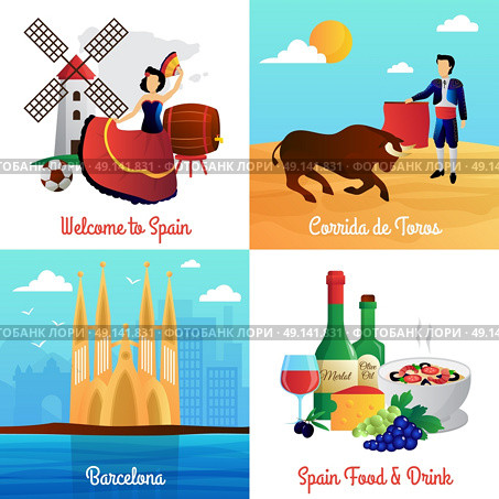 Spain Travel Concept 4 Flat Icons Square . Spain travel with flamenco barcelona cathedral corrida and food 4 flat icons square poster abstract vector isolated illustration . Стоковая иллюстрация, агентство Ingram Publishing / Фотобанк Лори