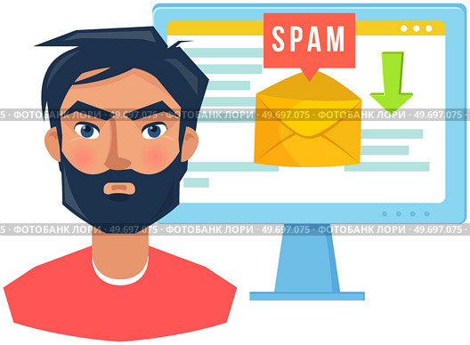 Spam email warning window appear on computer screen. Virus, piracy, hacking and security concept. Man with angry face near envelope with spam on monitor. E-mail protection, anti-malware software. Man with angry face near envelope with spam on monitor. E-mail protection, anti-malware software. Стоковая иллюстрация, агентство Ingram Publishing / Фотобанк Лори